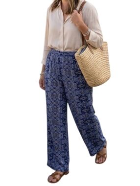 Monterey Bay Wide Leg Palazzo Pants Women Petite Large Blue Boho Geometric Print